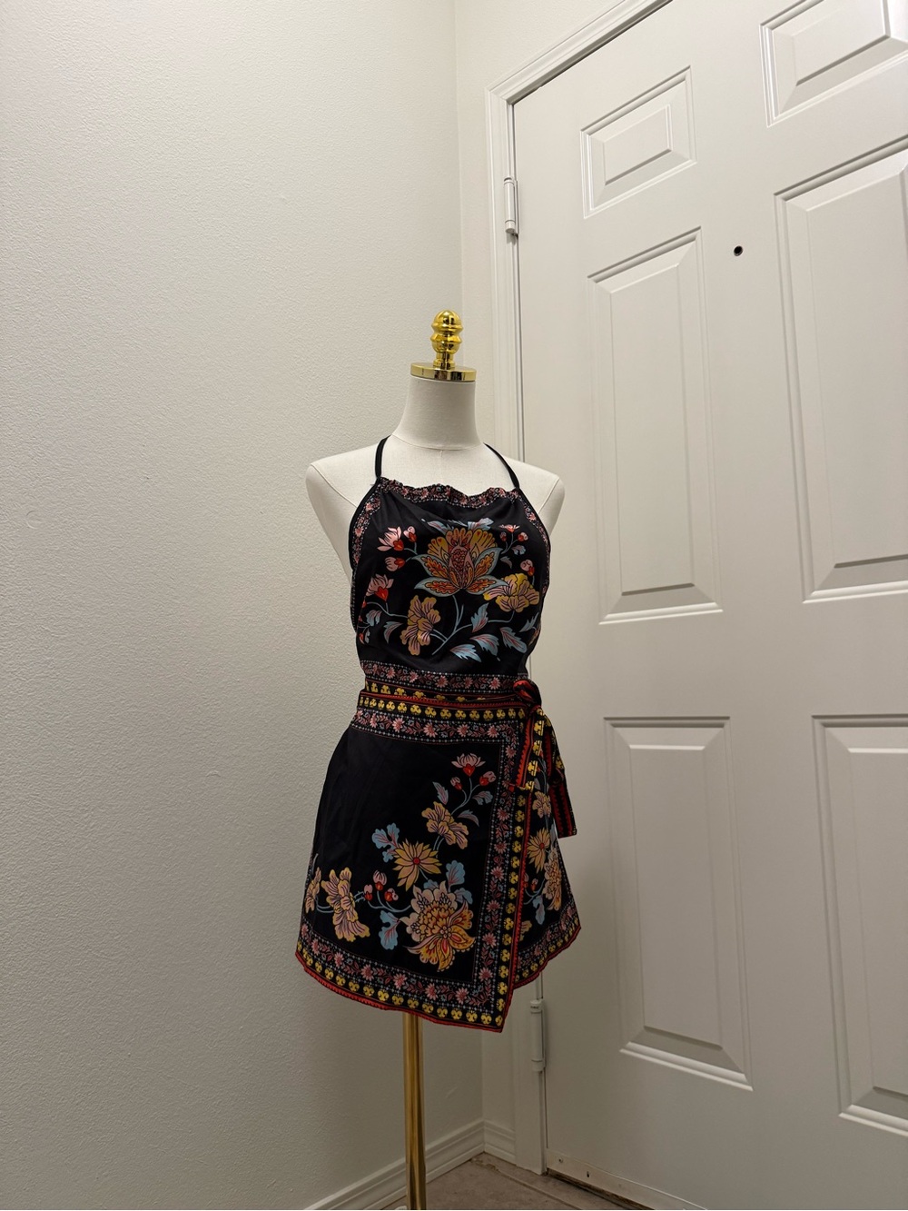 Wildfox Black Floral Embroidered Halter Dress with Multicolor Floral Print